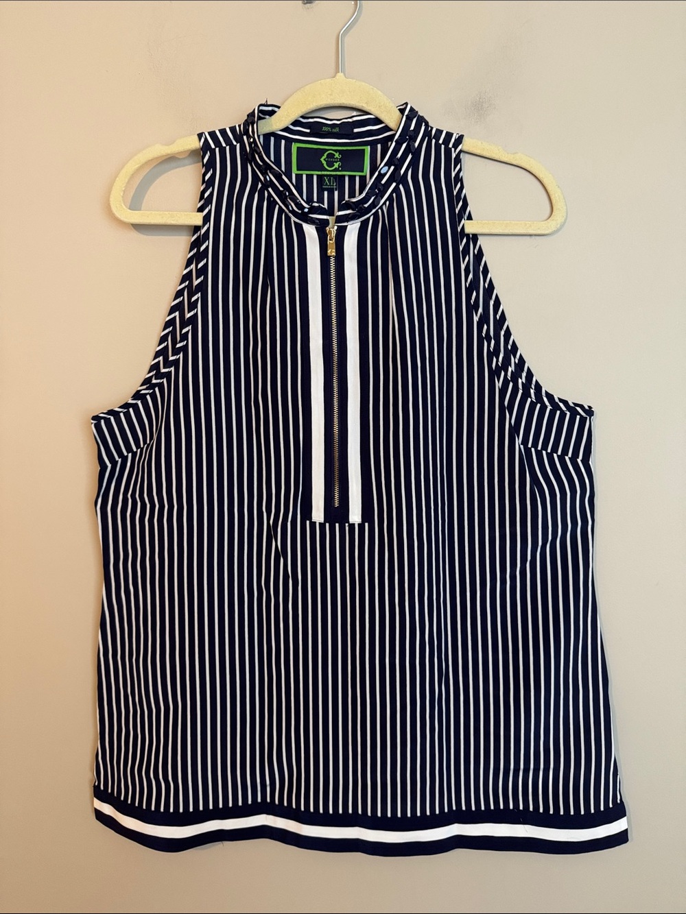 NWT- C Wonder Striped High Neck Silk tank top, Navy/white, size XL